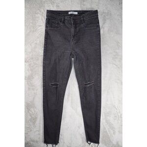 Zara Womens Jeans 8 Lead Grey Skinny Slim Ripped Distressed High Rise Raw Hem